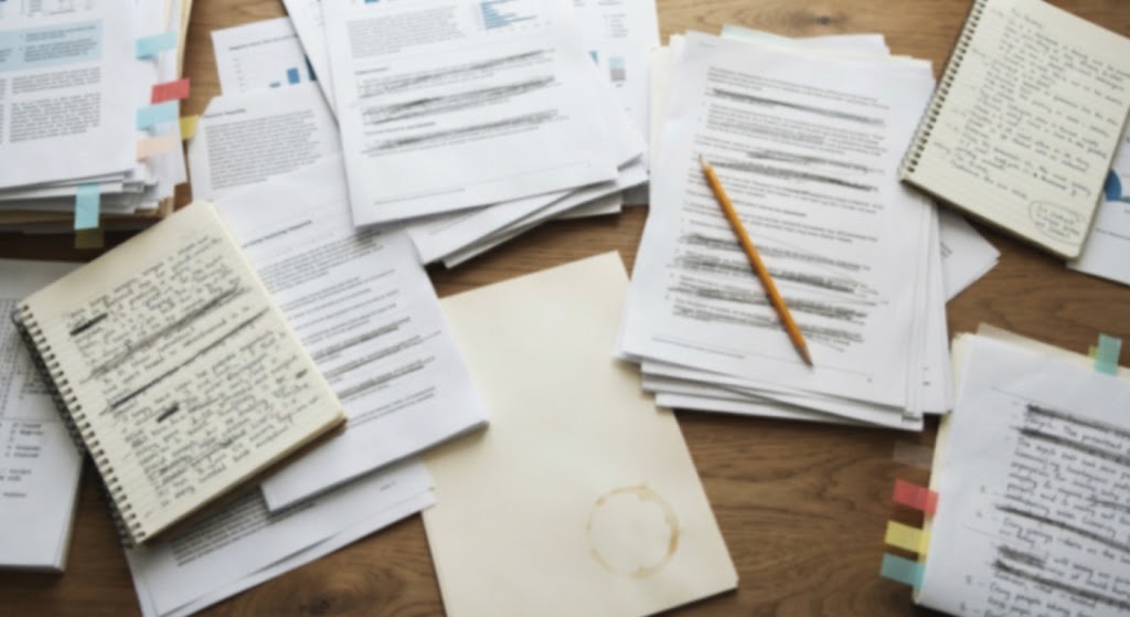 Documentos, anotações e pareceres sobre uma mesa de trabalho