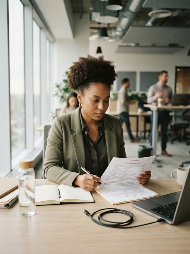 Profissional do jurídico analisando um documento em um escritório corporativo