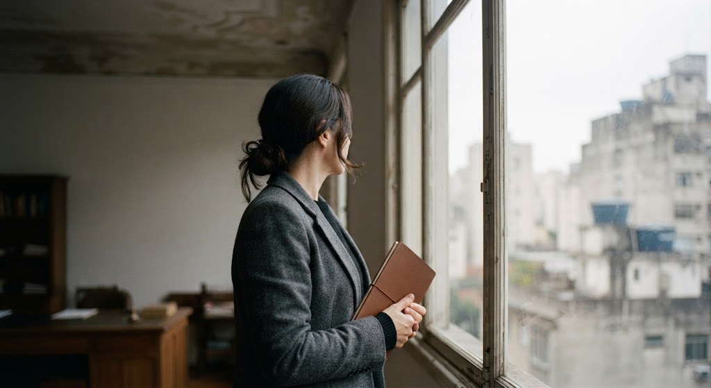 Profissional do Direito observando a cidade pela janela de um escritório