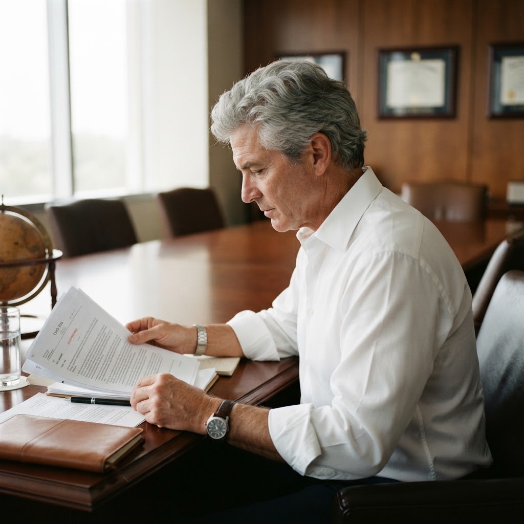 Consultor sênior analisando documentos em uma sala de reunião