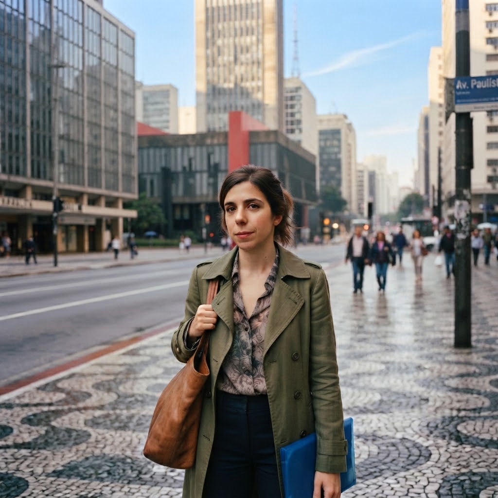 Profissional do Direito caminhando por uma avenida na cidade